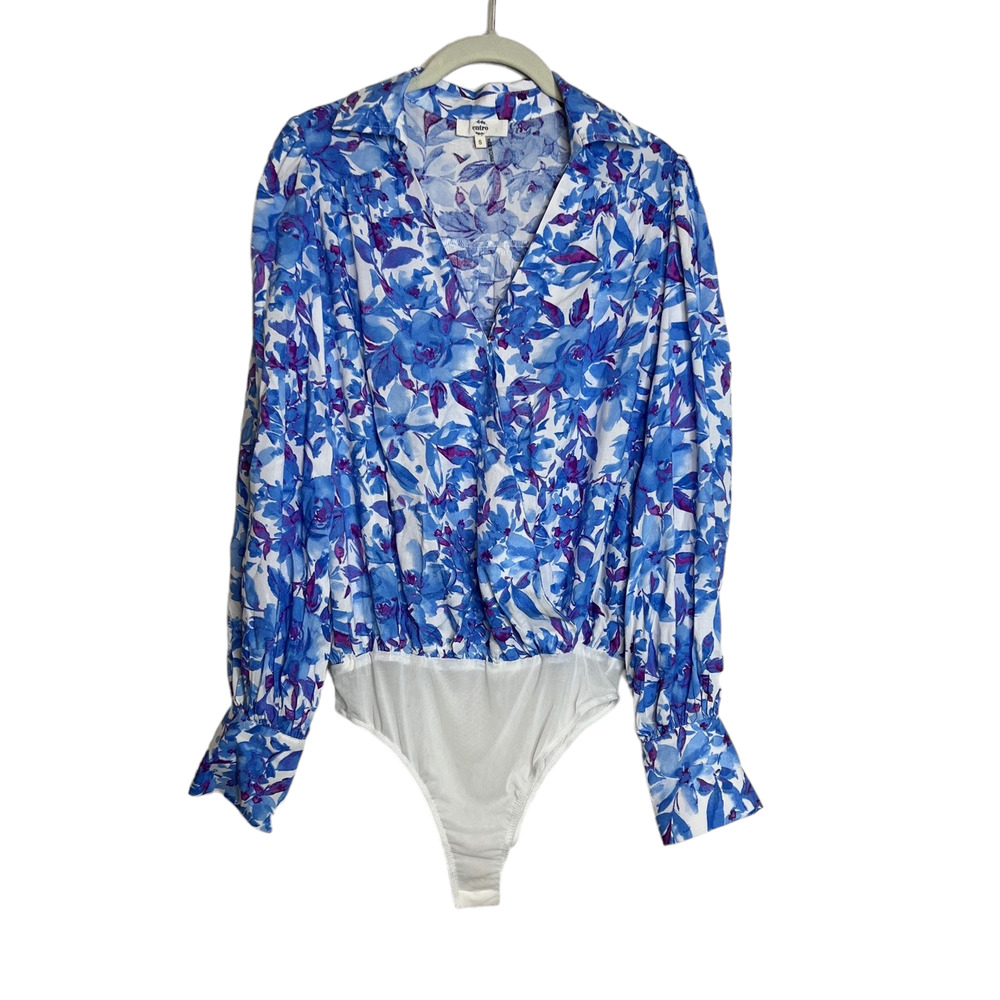 Entro Womens Bodysuit Small Blue Floral Long Sleeve V-Neck Collared New